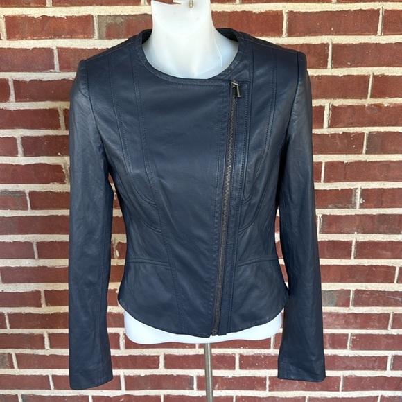 ELIE TAHARI Leather Moto Jacket Blue Sz XS - Picture 1 of 13